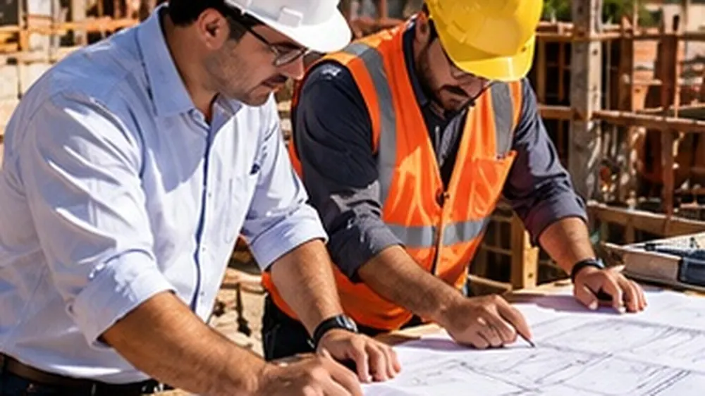 Engenheiros analisando projeto em canteiro de obras