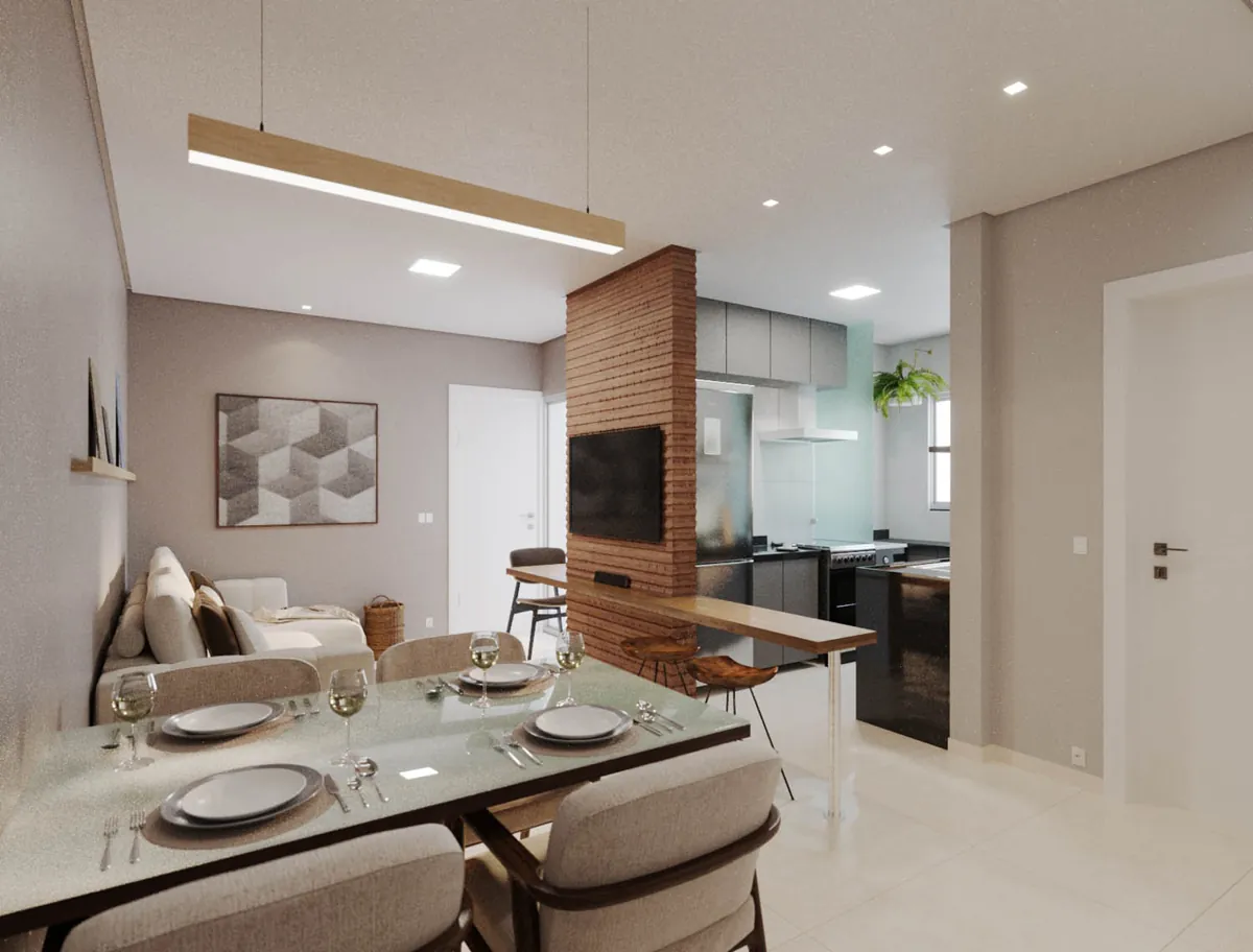 Sala de estar e jantar integradas com cozinha