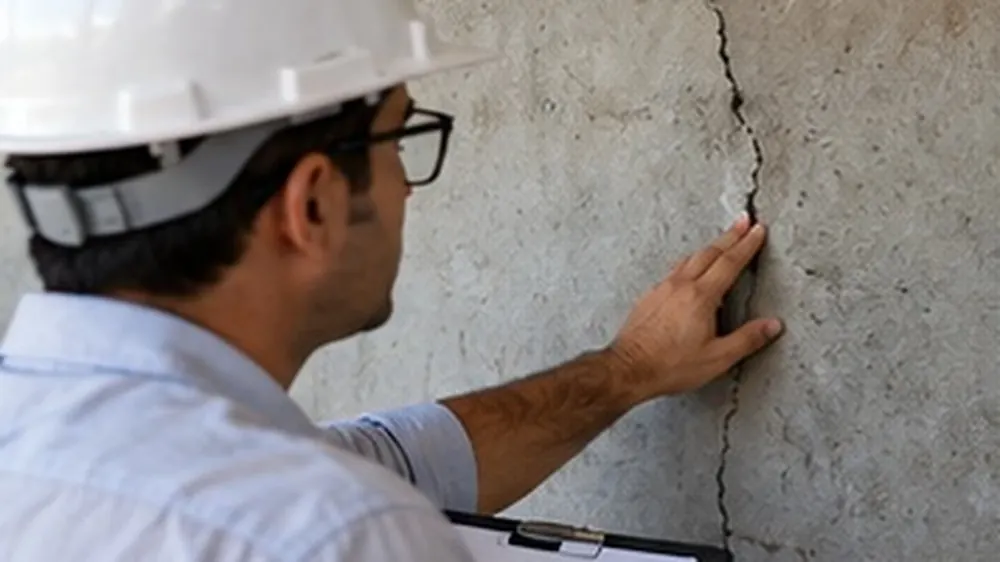 Engenheiro avaliando fissura em parede de concreto