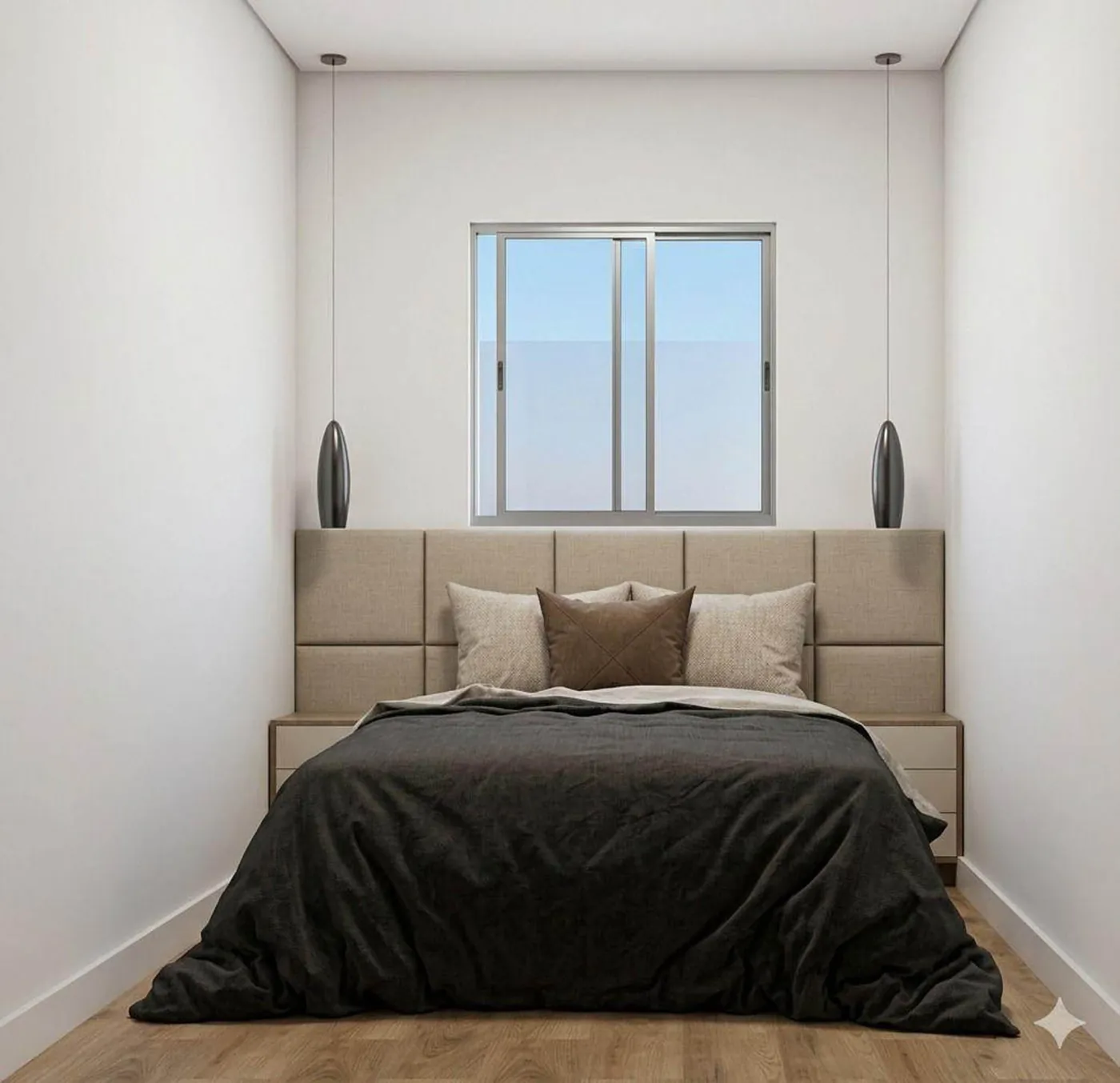 Quarto de casal com cabeceira estofada