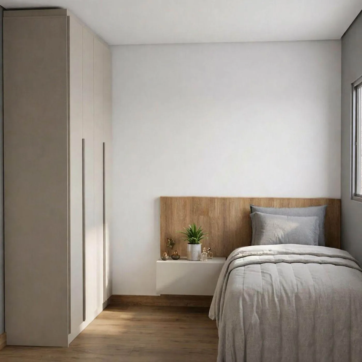 Quarto de solteiro com cabeceira de madeira
