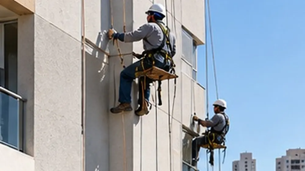 Técnicos em alpinismo industrial fazendo manutenção de fachada
