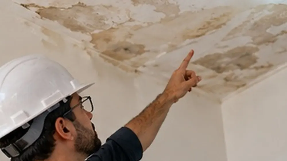 Engenheiro apontando mancha de infiltração no teto