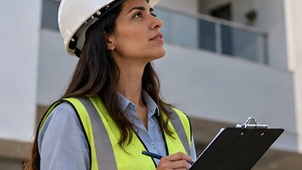 Engenheira com prancheta inspecionando edifício