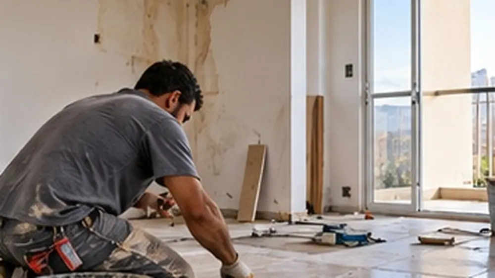 Profissional executando reforma em piso de apartamento
