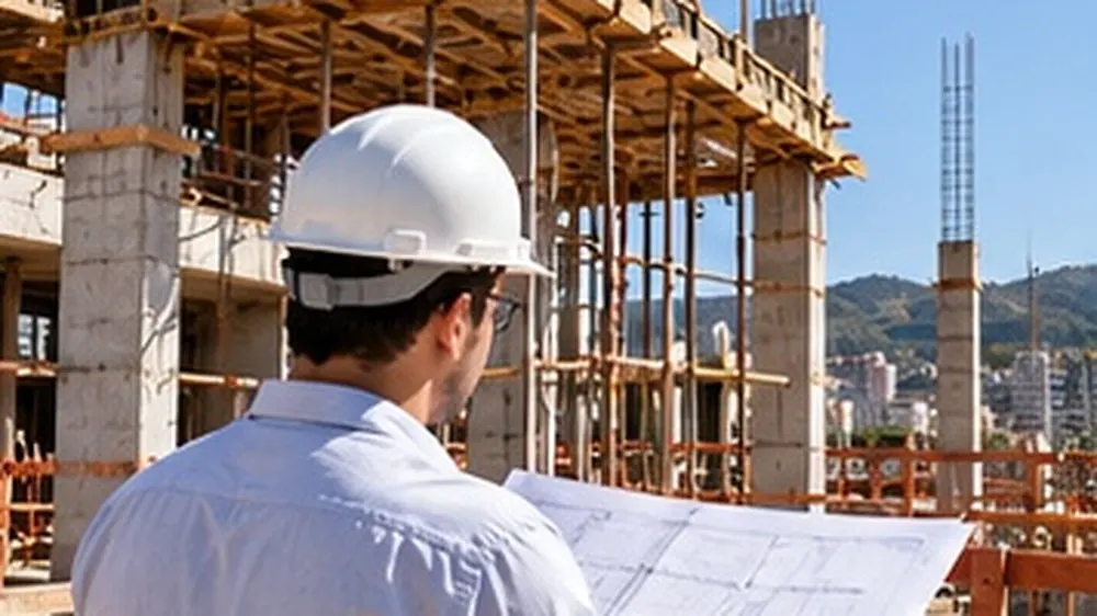 Edifício em construção com estrutura de concreto e andaimes