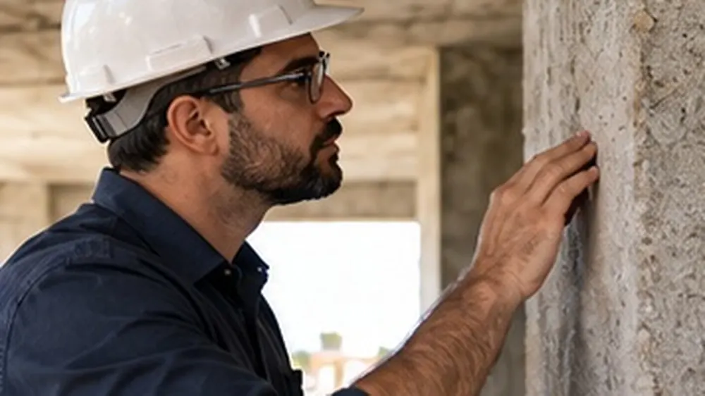 Engenheiro examinando pilar de concreto durante perícia
